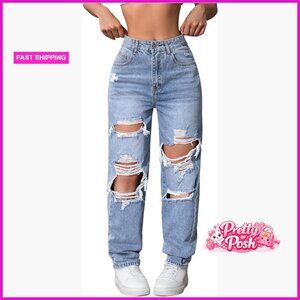 High Waisted Distressed Jeans Straight Leg Casual Ripped Denim Pants
